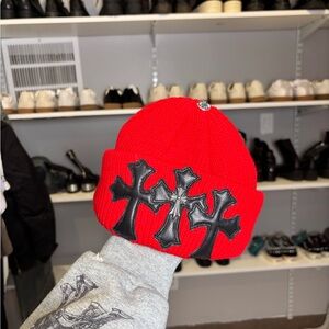 Chrome Hearts Triple Cross Cashmere Beanie – Red – Sterling Silver Pendant